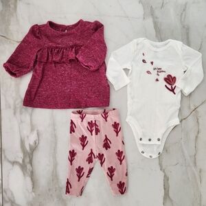 Carter's floral 3 pc set includes pink floral leggings, onesie and shirt,  3 mon